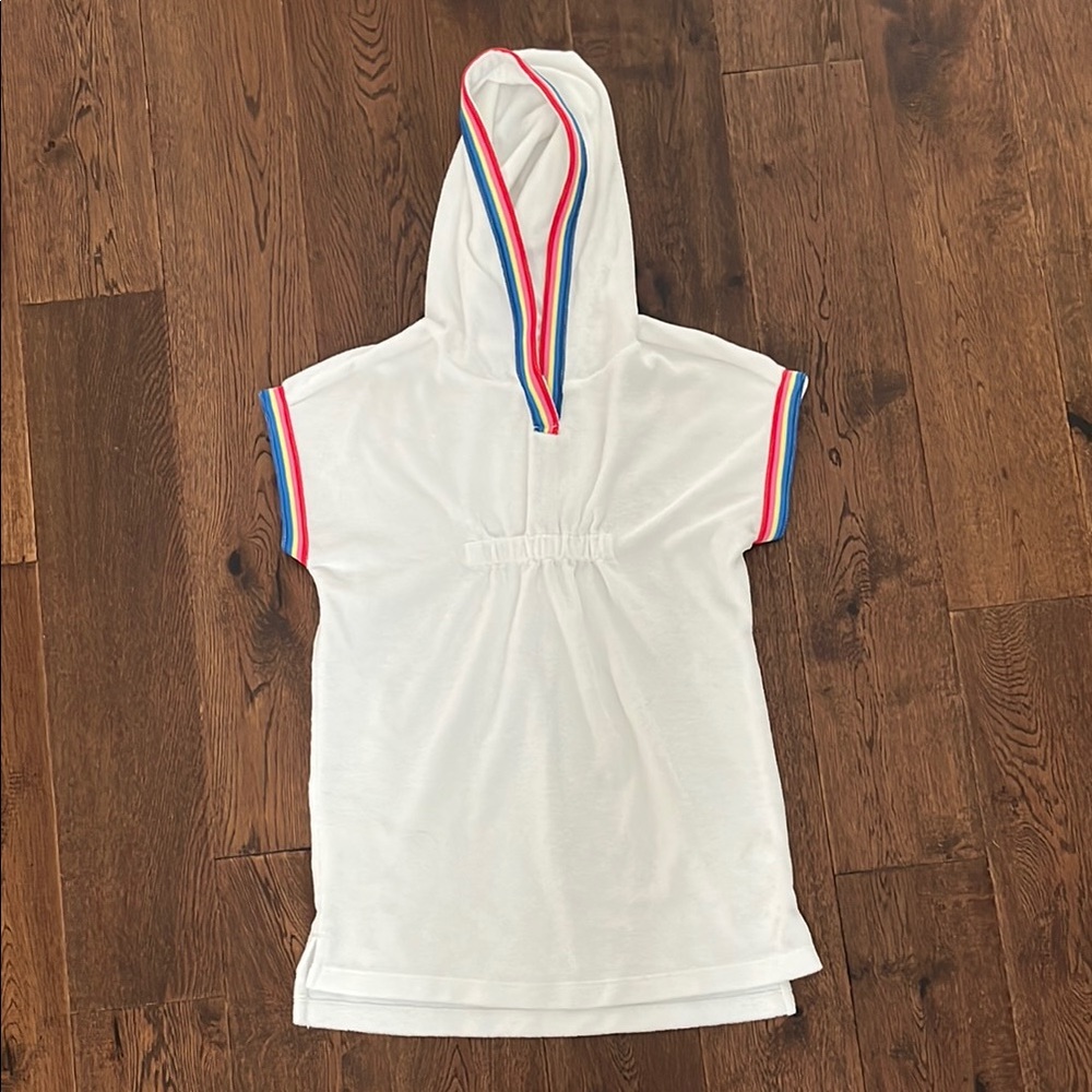 Kids White Hooded Swim Coverup with Rainbow Trim